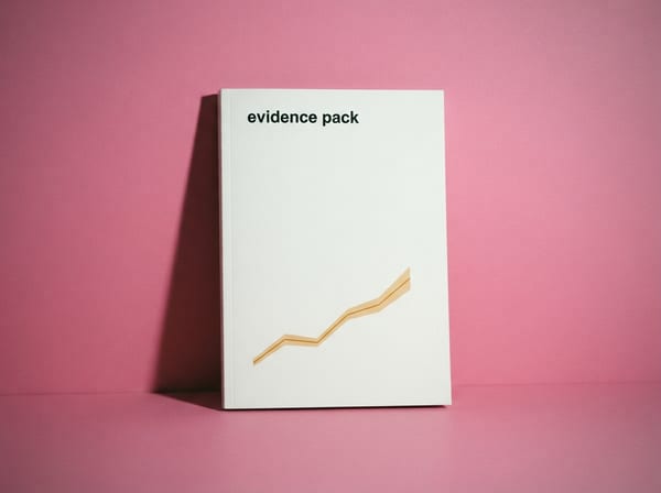 A white report cover titled evidence pack, with a rising gold line across it.